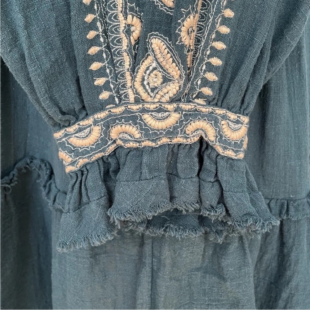 Free People Embroidered Boho Peasant Tunic Top Teal Blue Women’s Medium - Picture 14 of 16